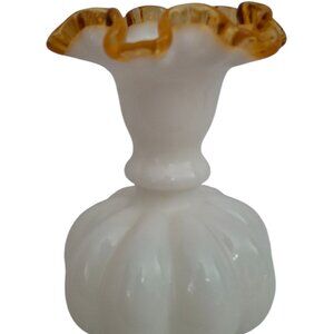Vintage Fenton Milk Glass Melon Vase Amber Crest Gold Rim 6” Tall Ribbed